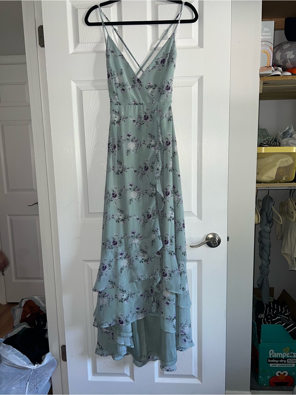 Lulu's Sage Floral High-Low Chiffon Dress with Purple Blooms